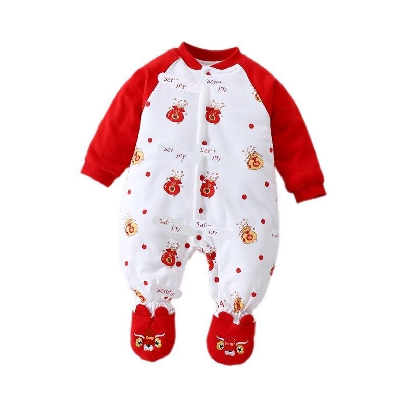 婴儿薄棉包脚连体衣宝宝棉衣新生儿满月刚出生大红满意服送礼衣服