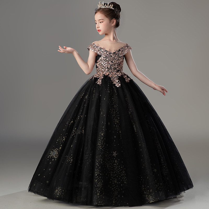 儿童晚礼服黑色女童公主裙蓬蓬纱小主持人生日模特走秀钢琴演出服