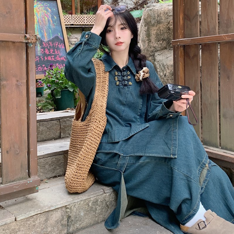 大码女装秋冬新款国风盘扣叠层牛仔衬衫+高腰双层阔腿牛仔裤套装