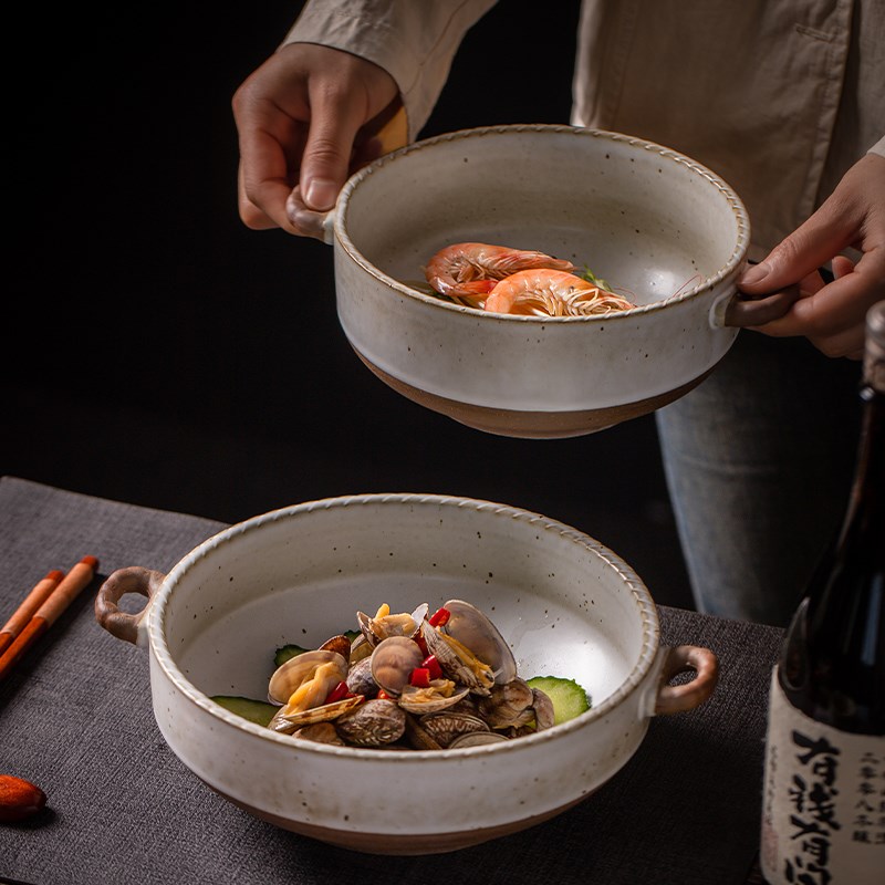 莳绘金缮 复古粗陶5/7/8.5英寸石口双耳碗家用饭碗汤碗景德镇餐具