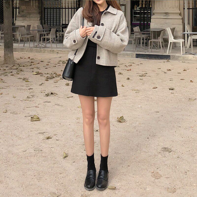 毛呢短裙女秋冬黑色裙子高腰包臀裙半裙冬季大码冬裙半身裙a字裙