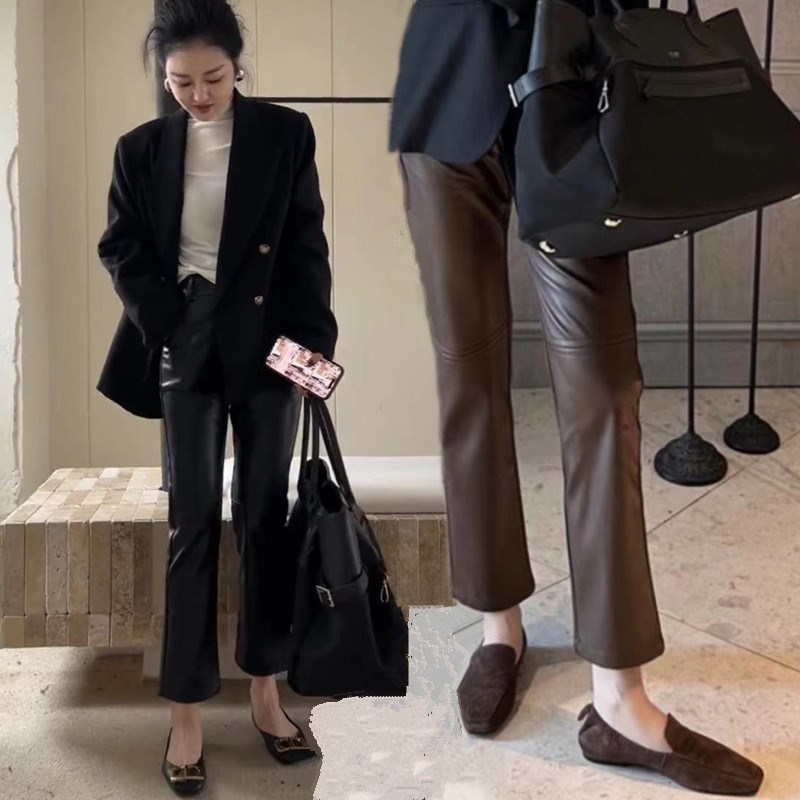 高贵上档次女裤秋冬皮裤休闲高腰裤子修容笔磨毛烟管裤显瘦九分裤