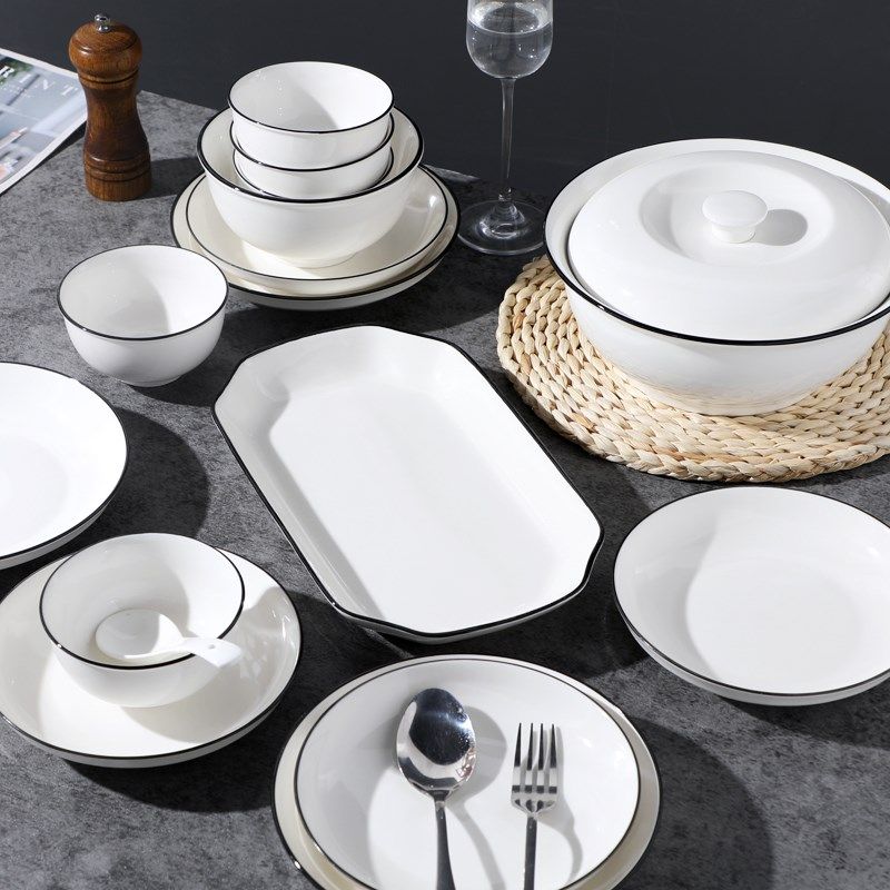 北欧风10人用简约黑线碗碟套装家用餐具碗盘组合品锅鱼盘饭碗盘子
