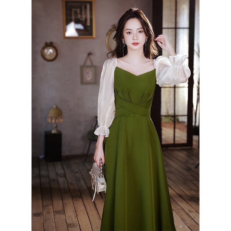 晚礼服女宴会气质轻奢小众高端法式高级感长袖小个子平时可穿绿色