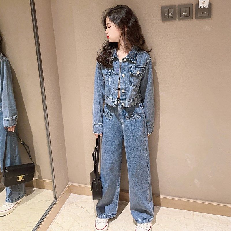 女童春装套装2024新款儿童时髦牛仔阔腿裤洋气女大童春秋两件套潮