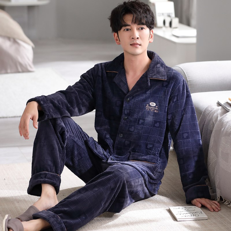睡衣男秋冬法兰绒加厚保暖宽松简约冬季加绒珊瑚绒家居服开衫套装