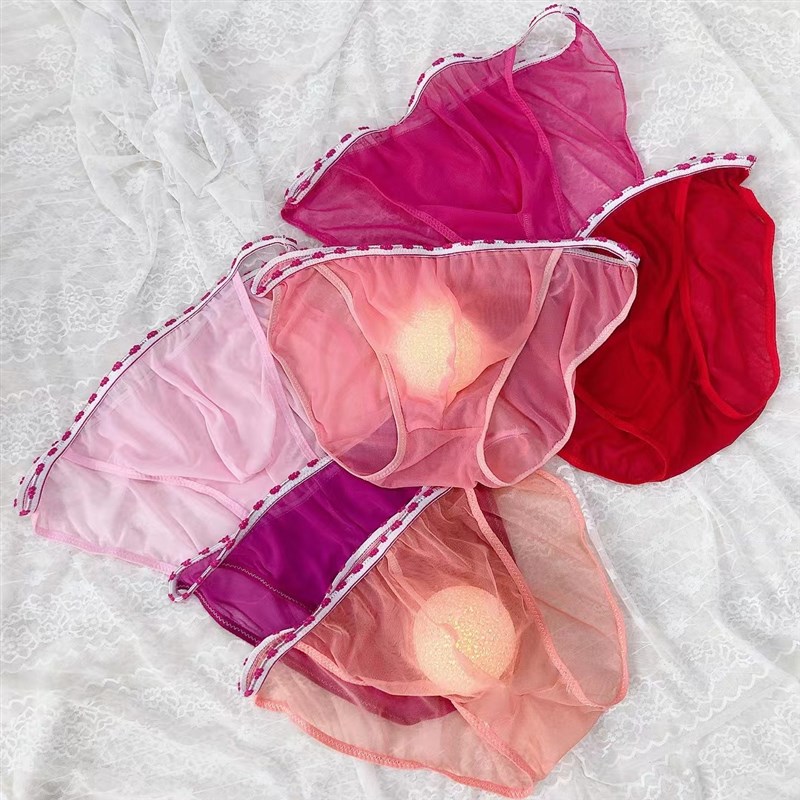 新款糖果网纱弹力男士囊袋内裤性感透明U凸大码男三角裤3/5条装