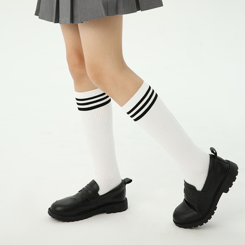 儿童中筒袜学院风春秋纯棉女童白色三杠小腿袜男童足球学生长筒袜