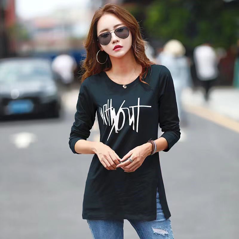 长袖中长款打底衫女2024春秋新款遮屁股纯棉大码休闲t恤显瘦上衣