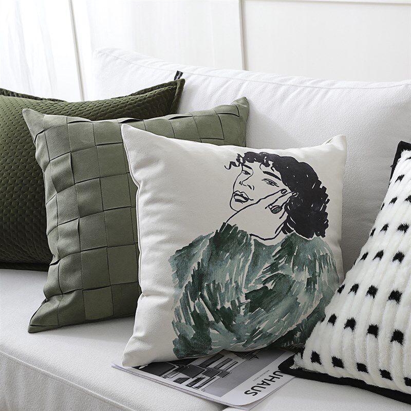 CS042橄榄绿皮绒手工编织格子北欧简约沙发抱枕靠垫样板间腰枕套