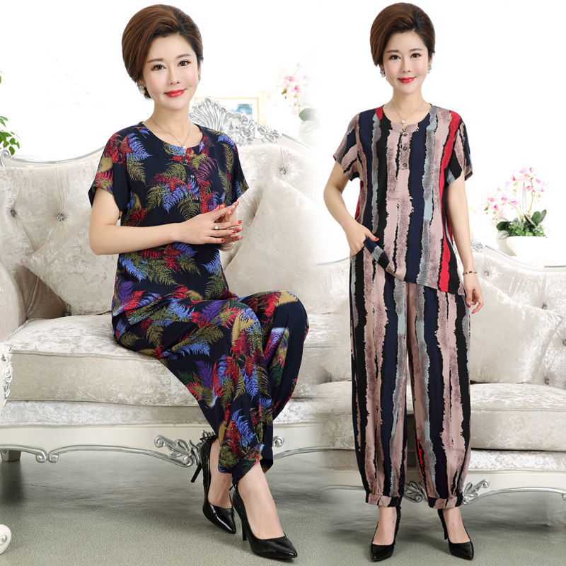 中老年女装妈妈2021夏装棉绸睡衣两件套装宽松大码短袖t恤中年女