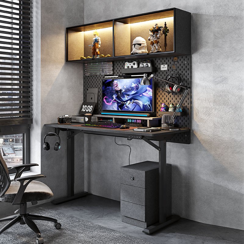 智能电动升降桌办公电脑桌电竞桌子家用实木工作台学习桌书柜一体