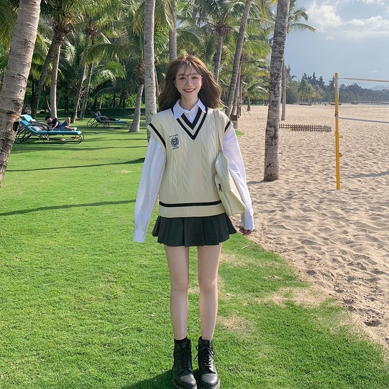 JK套装学院风衬衫两件套新款毛衣背心针织马甲女春秋外搭英伦风