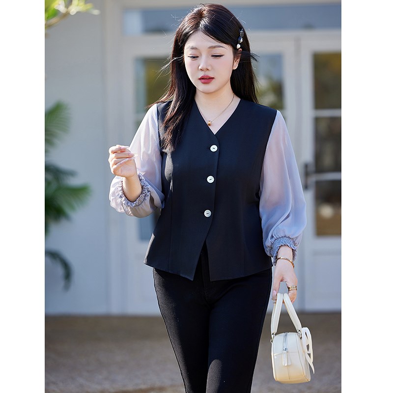 2025春装新款气质V领收腰显瘦大码胖mm开衩7分袖高级感小衫上衣女