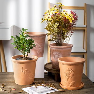 红陶浮雕罗马大口径透气花盆户外庭院复古陶瓷陶土粗陶圆形带托盘