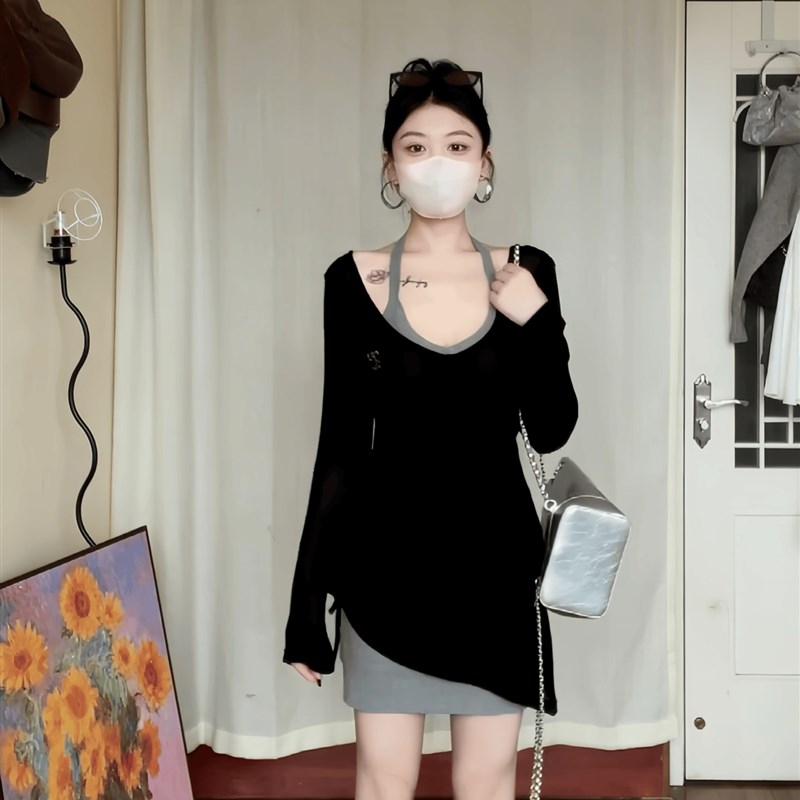 大码胖mm连衣裙2024秋季新款微胖显瘦性感挂脖吊带裙上衣两件套女