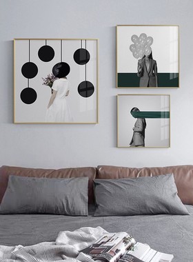轻奢橙色人物组合客厅装饰画北欧创意摄影美女气球帽子卧室餐厅画