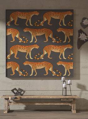现代轻奢卧客厅背室S-1545入户玄关装饰黄色动物豹子景画墙壁方型