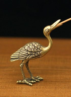 纯铜实心黄铜仙鹤线香香插迷你丹顶鹤铜器小动物茶宠玩桌面小摆件
