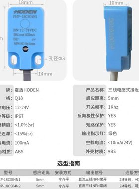 霍盾HODEN方形接近开关SC1804N1金属传感器24v三线直流npn常开PNP