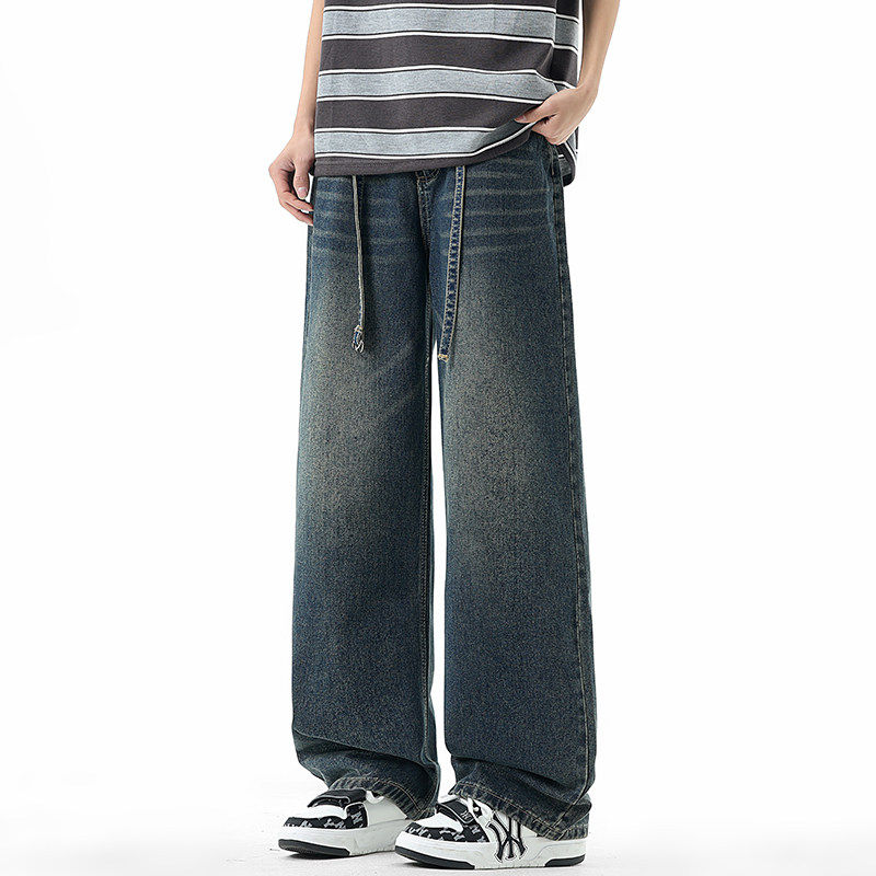 牛仔裤男款港风阔腿宽松直筒平腰裤经时尚青少年潮牌百休闲宽松裤
