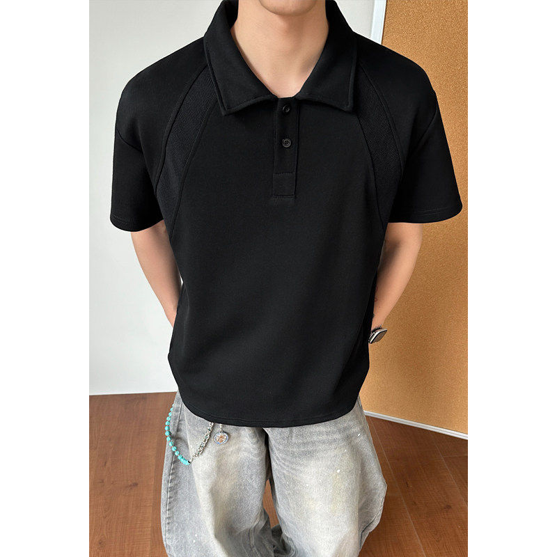 美式正肩短袖polo衫男款夏季重磅衬衫翻领T恤插肩cleanfit半袖