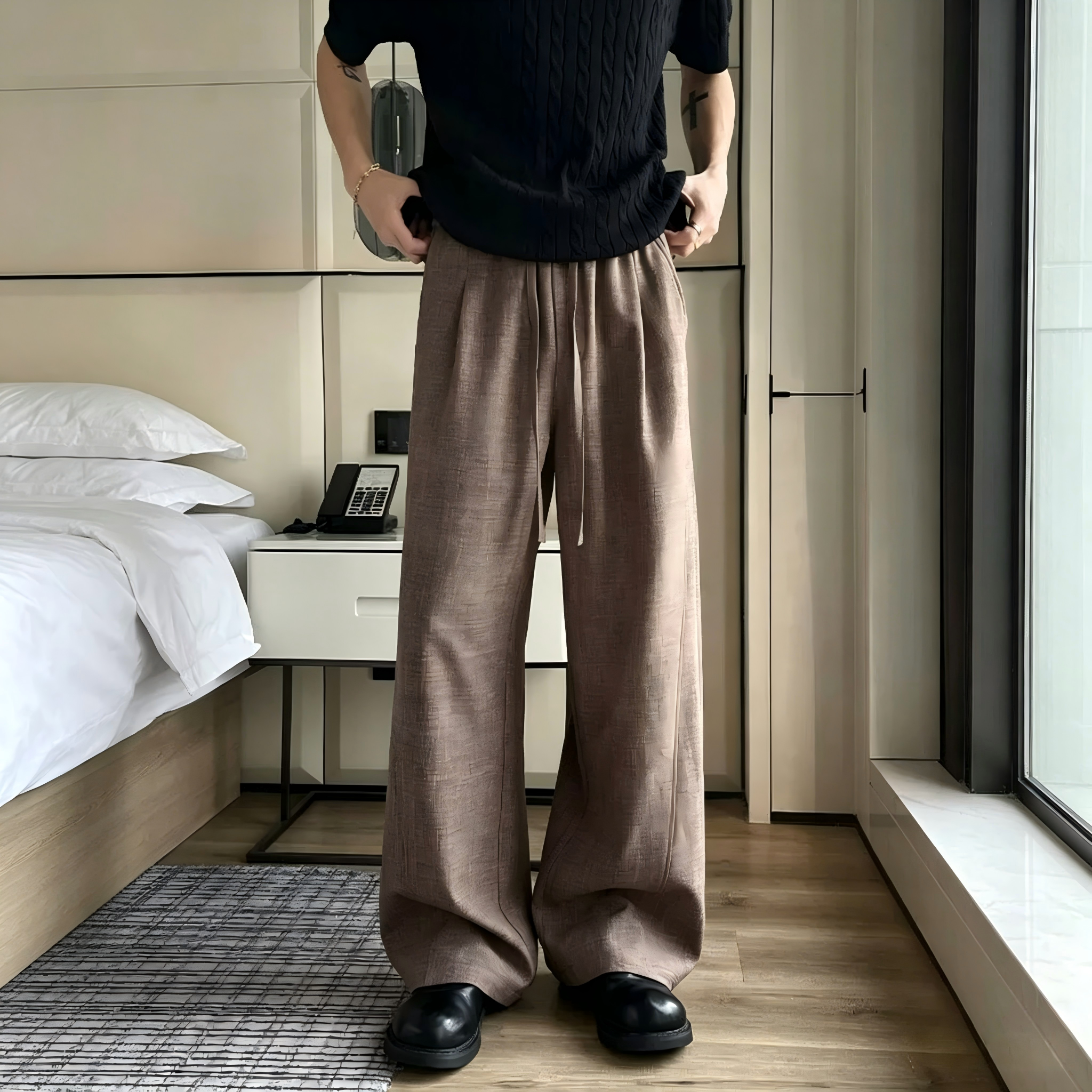 老钱风男装仿亚麻裤子男士穿搭夏季薄款垂感阔腿直筒宽松休闲长裤