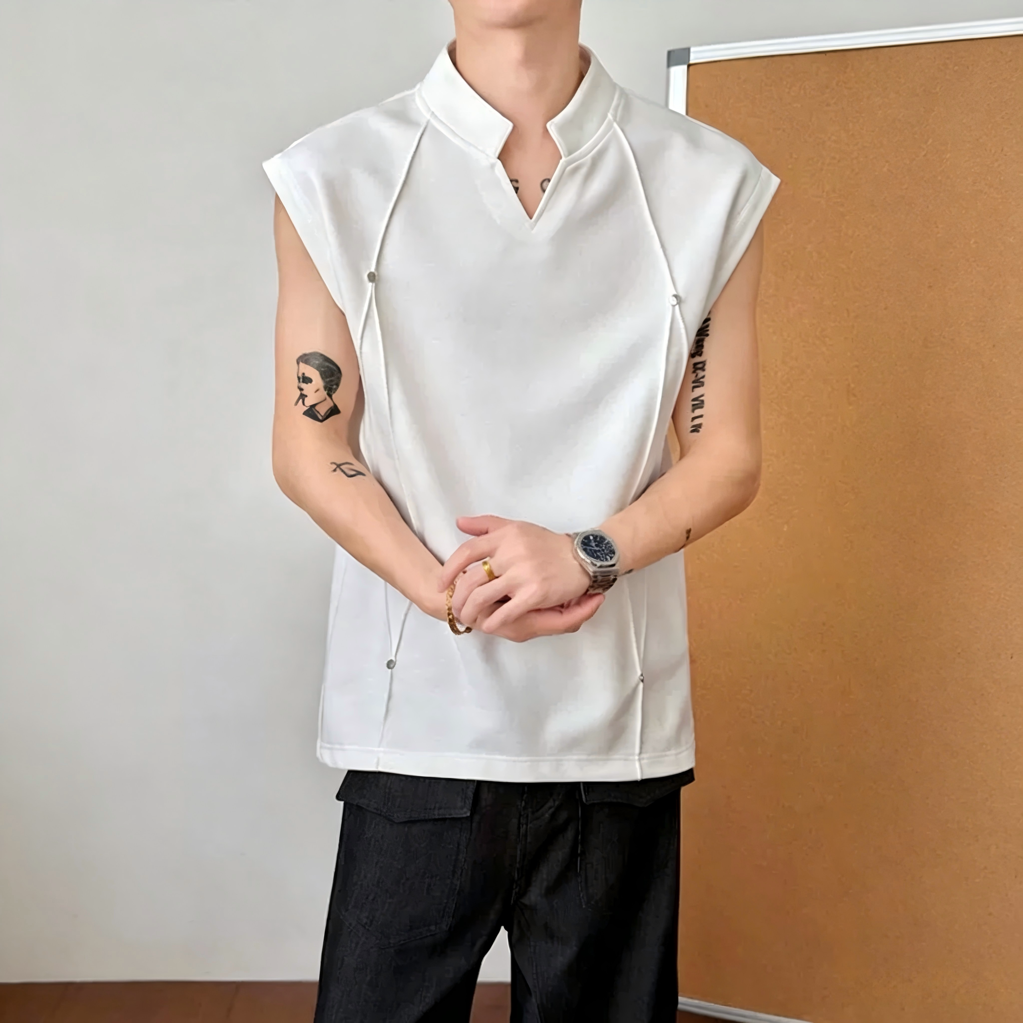 铆钉v领坎肩背心男款纯色夏季
