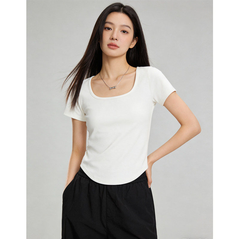白色U领正肩短袖t恤女夏设计感修身显瘦内搭打底上衣休闲修身