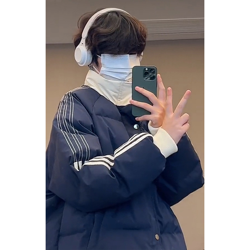 条纹撞色立领棉服外套男款秋冬季新款加厚保暖羽绒棉服冬装棉袄子