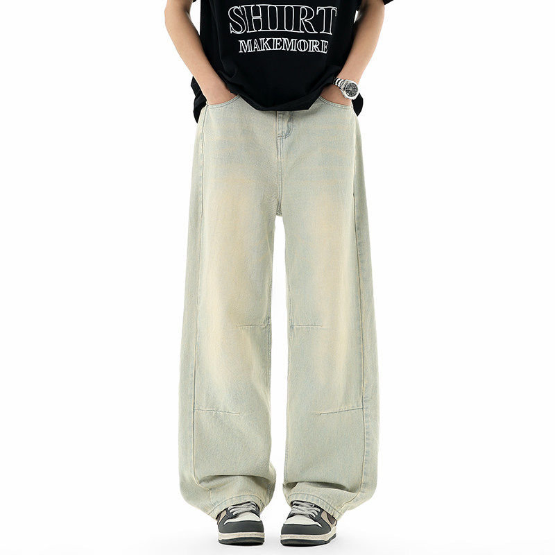 美式牛仔裤男款港风阔腿宽松直筒平腰裤经青少年潮牌百休闲宽松裤