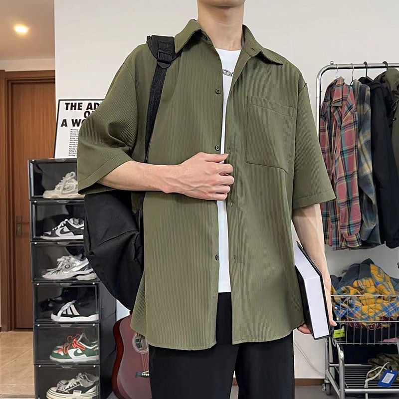 夏季薄款冰丝衬衫男短袖基础款高级感痞帅上衣服宽松垂感速干半袖