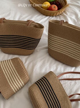 李乔优 经典简约风条纹草编包大容量休闲百搭海边沙滩手提单肩包