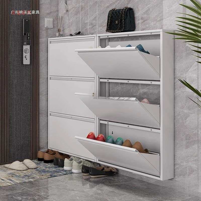 超薄加厚鞋柜12cm玄关家用门口钢制大容量极窄收纳挂墙悬空翻斗柜