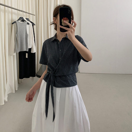 TG 复古风格子百搭翻领短袖衬衫女2025夏日新款绑带显瘦上衣24965