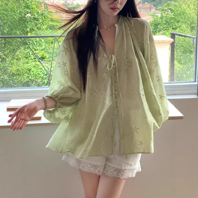 夏 莱赛尔重工绣花灯笼袖衬衫系带设计罩衫圆领长袖女夏上衣