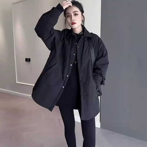 韩版百搭宽松薄款棉衣棉服女2024秋冬新款中长款夹棉衬衫大码外套