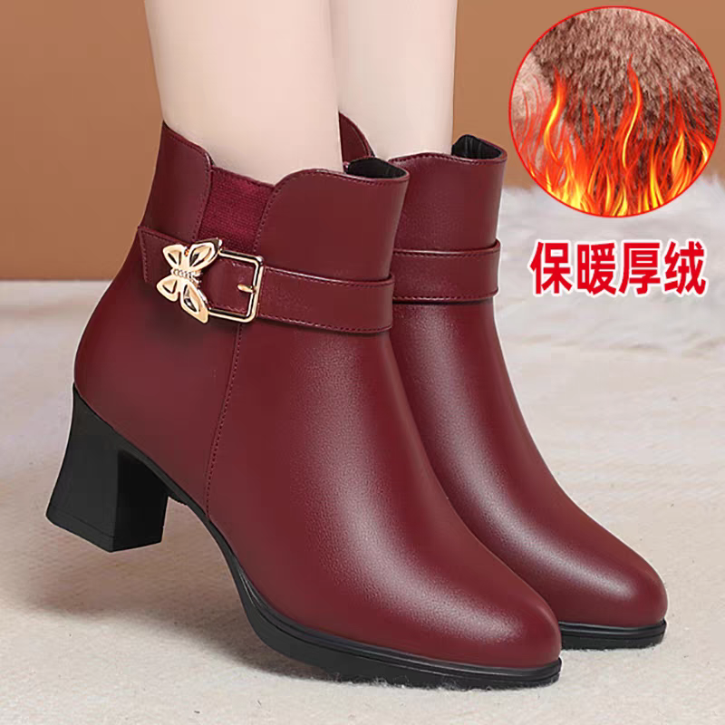真皮红色短靴粗跟中年妈妈鞋棉鞋加绒保暖短靴女靴子皮鞋女鞋秋冬