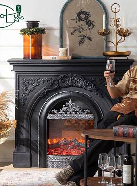美复黑色雕花仿式古真火壁炉架别入墅户氛围856感装饰柜轻奢意式