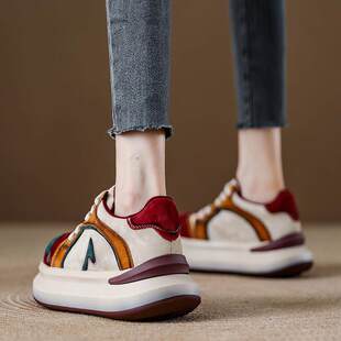 秋季爆款真皮复古厚底松糕休闲鞋子女款头层牛皮大头宽脚增高板鞋