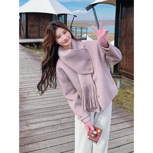 粉色减龄短款双面羊毛外套女秋冬季新款加厚可拆卸围脖呢子上衣