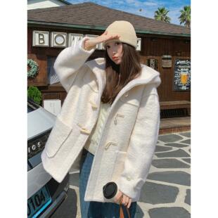 白色单面羊绒大衣秋冬女2024新款韩系连帽牛角扣减龄加厚呢子外套