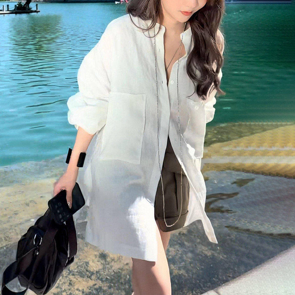 白色亚麻衬衫女士早秋2025新款高级感衬衣中长款棉麻防晒开衫上衣