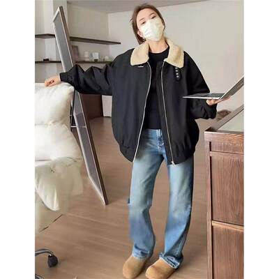 欧洲拼接毛翻领绗缝加厚棉质女式工作服2024秋冬休闲宽松工作服新