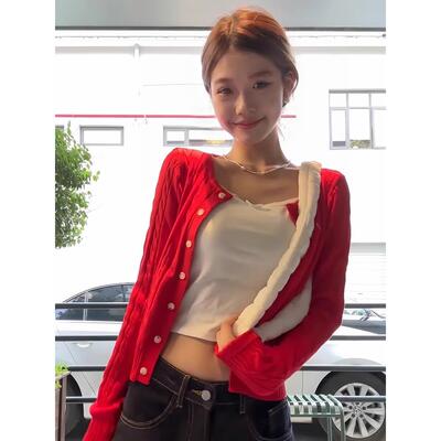 红色针织开衫女2025春秋新款小个子修身显瘦长袖毛衣外套短款上衣