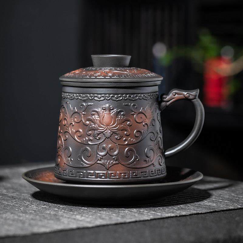 高档紫陶缠枝莲办公泡茶杯带过滤内胆陶瓷茶水分离喝茶杯节日礼物