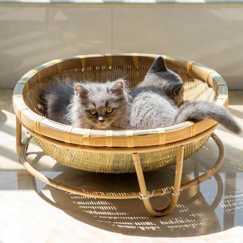 竹编猫窝狗窝宠物篮家用收纳篮晾晒沥水簸箕竹制品有底座