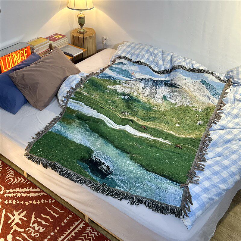 川西风光 雪山草地治愈系风景毯子艺术挂毯装饰毯单人沙发毯盖巾