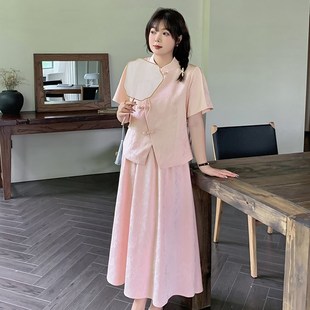 夏季新品大码女装胖mm时尚新中式国风提花旗袍上衣半身裙套装女