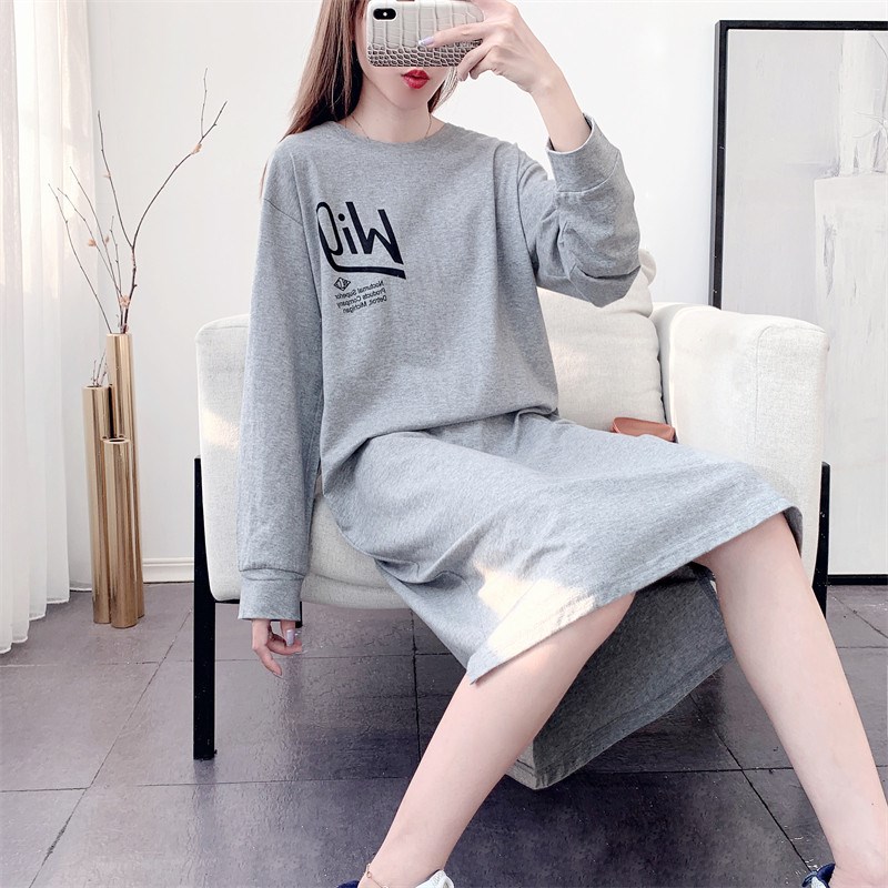 长袖女中长款连衣裙2024新款宽松大码显瘦遮肚懒人过膝长裙t恤裙